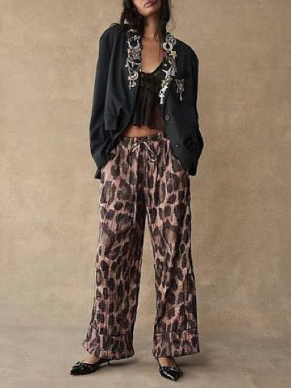 Free People All Out Satin Leopard Pants sz L